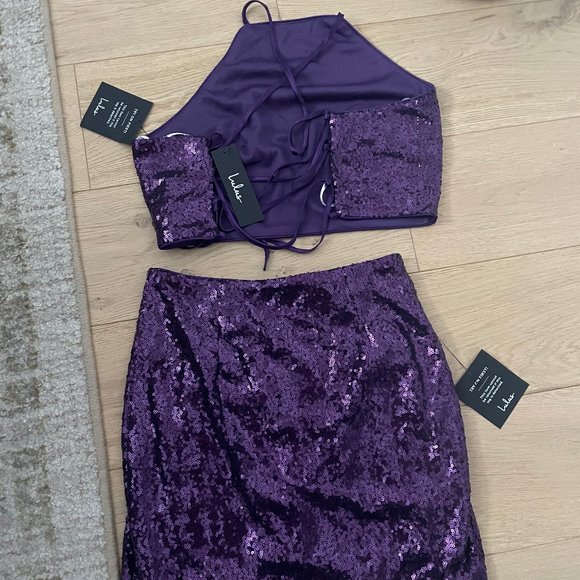 Mood to Move Purple Sequin Lace-Up Two-Piece Mini Dress NWT - Picture 3 of 4